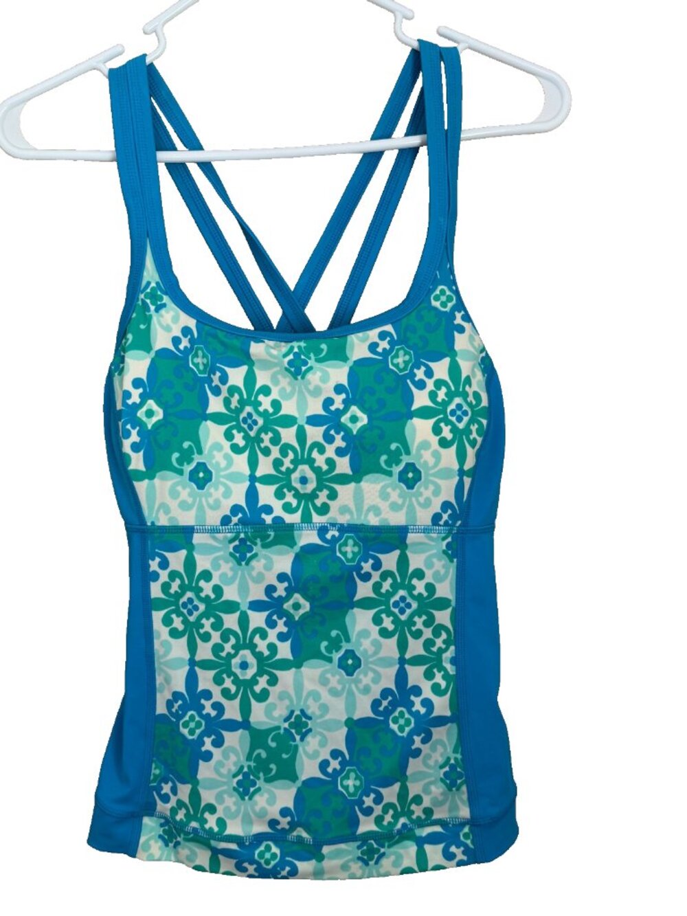 Lands End Tankini Top 8 Teal Blue Green Medallion Floral Strappy Back Shelf Bra
